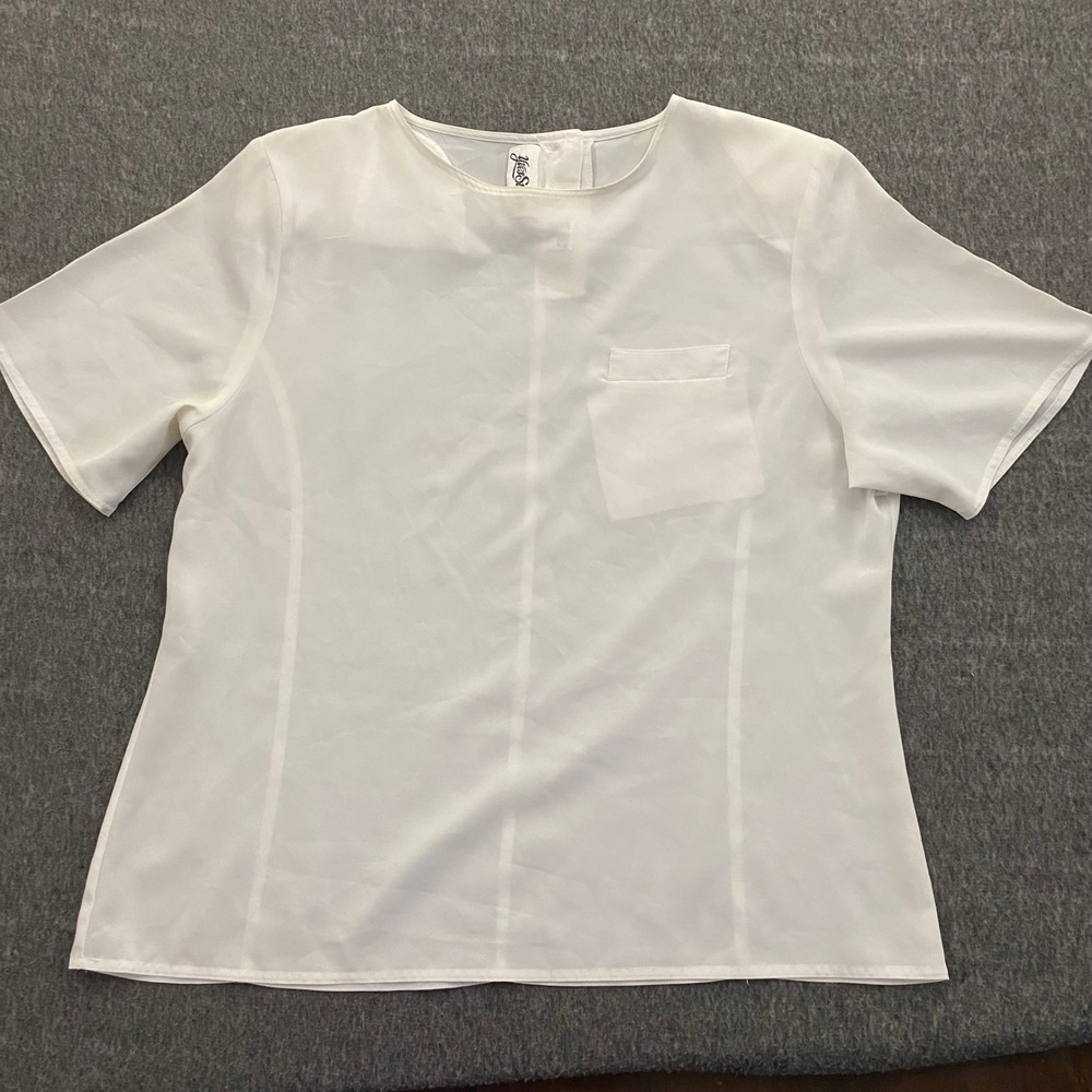 Yves St Clair White Short Sleeve Blouse Crew Neck Button Back Office Top Size 14